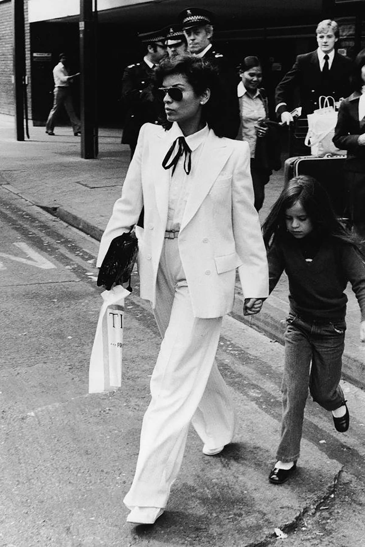 Bianca Jagger wears a YSL Le Smoking tuxedo in 1979. 