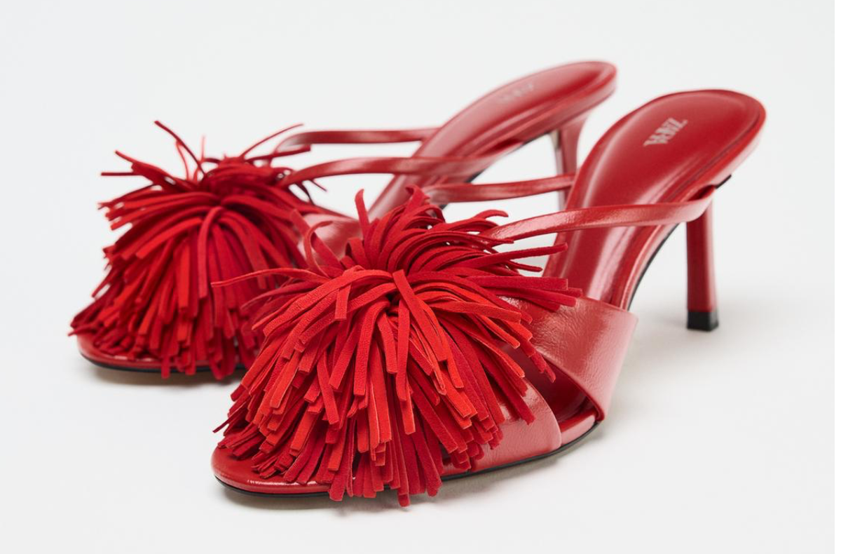 Zara fringed high-heeled sandals, ზარა წითელი სანდლები, წითელი მაღალქუსლიანი სანდლები