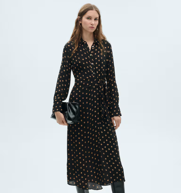 Mango Dress, მანგო კაბა, POLKA-DOT SHIRT DRESS WITH KNOT DETAIL