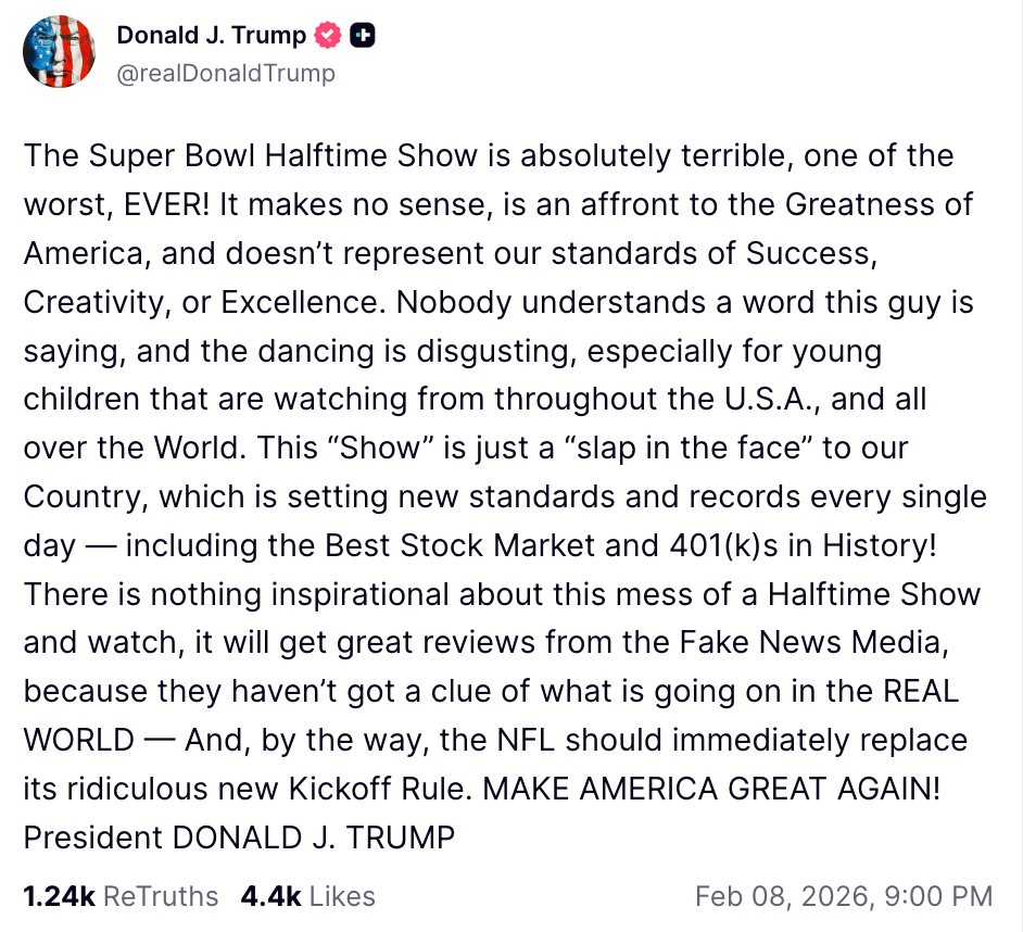 ტრამპი ბედ ბანიზე, Trump about Bad Bunny, Super Bowl Halftime show