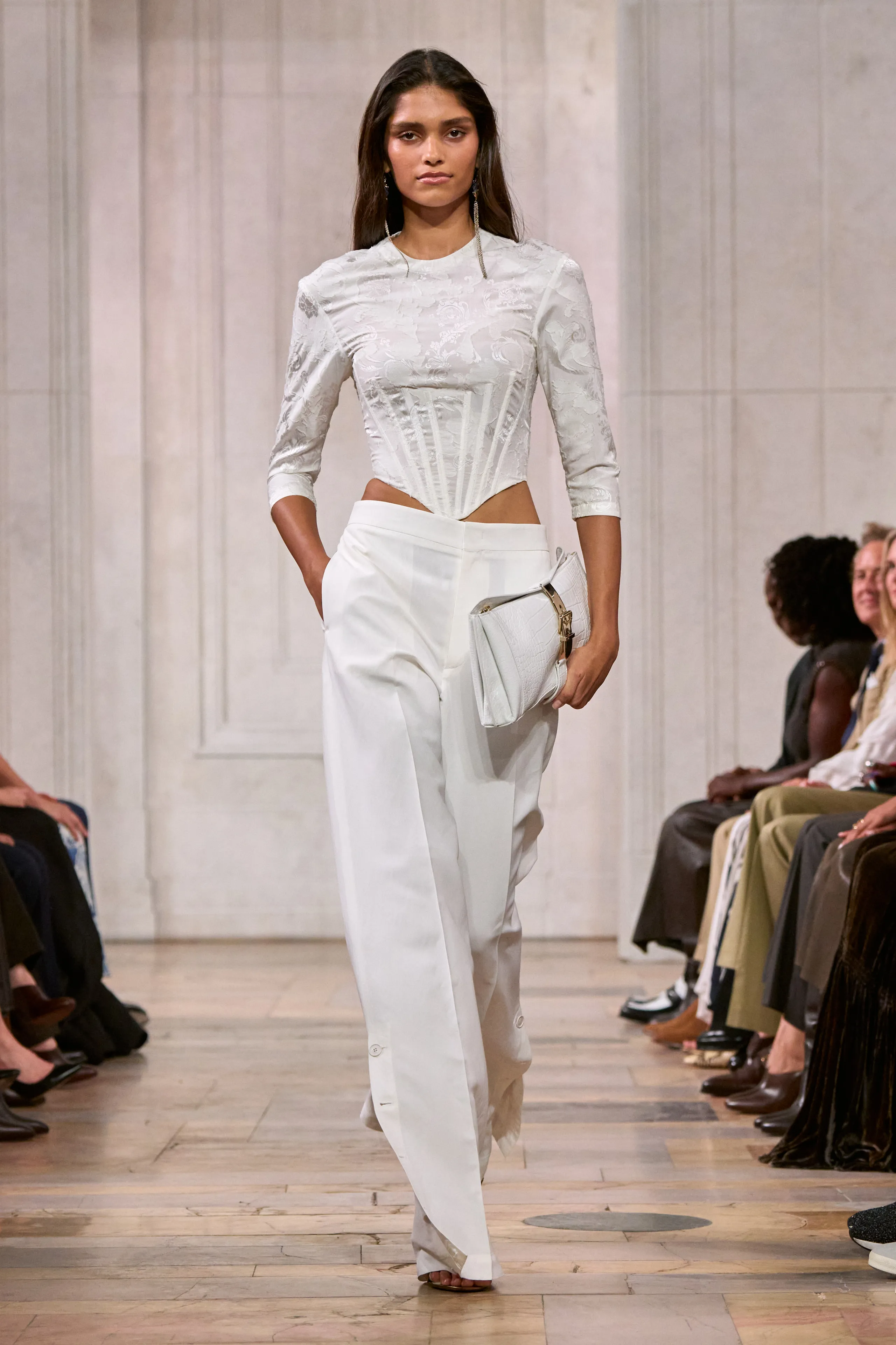 Ralph Lauren Spring 2027 white brocade opening look